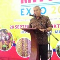 Kabid Perdagangan Kuningan, Erwin, SE saat memberikan sambutan pada pameran MITTEC EXPO 2017, di Batu, Malang.